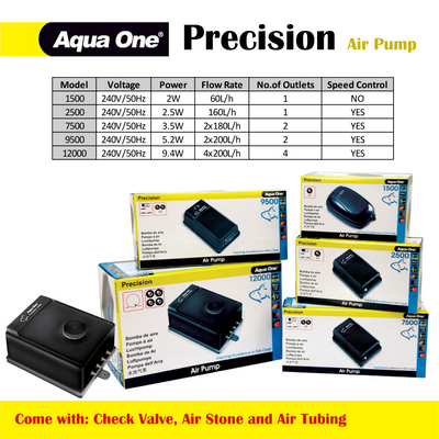 Aqua One Precision Air Pump 1500, 2500, 7500, 9500, 12000 With Accessory