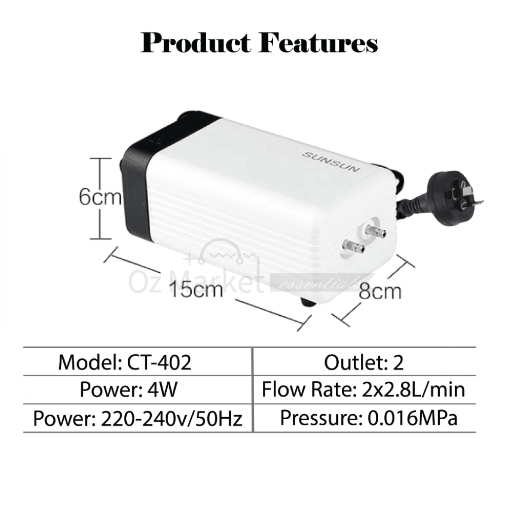 Sunsun Aquarium Air Pump Oxygen Fountain Pond Water Fish Tank 2 Outlet Au Pumps